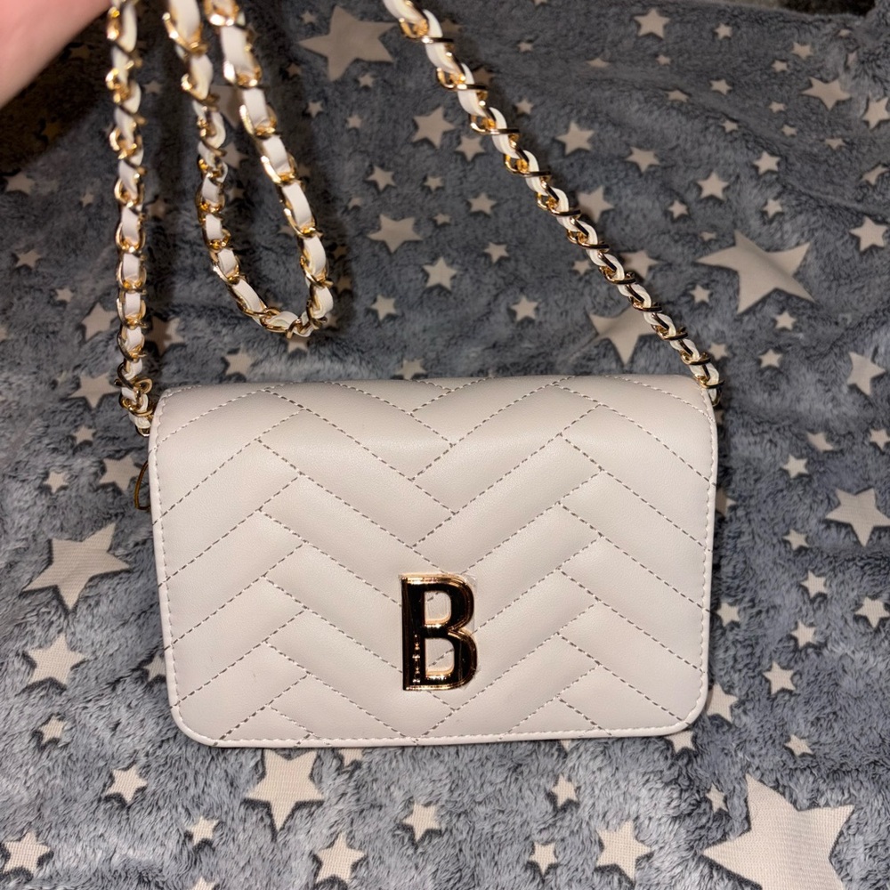 Bebe White Quilted Crossbody Bag with Gold Chain